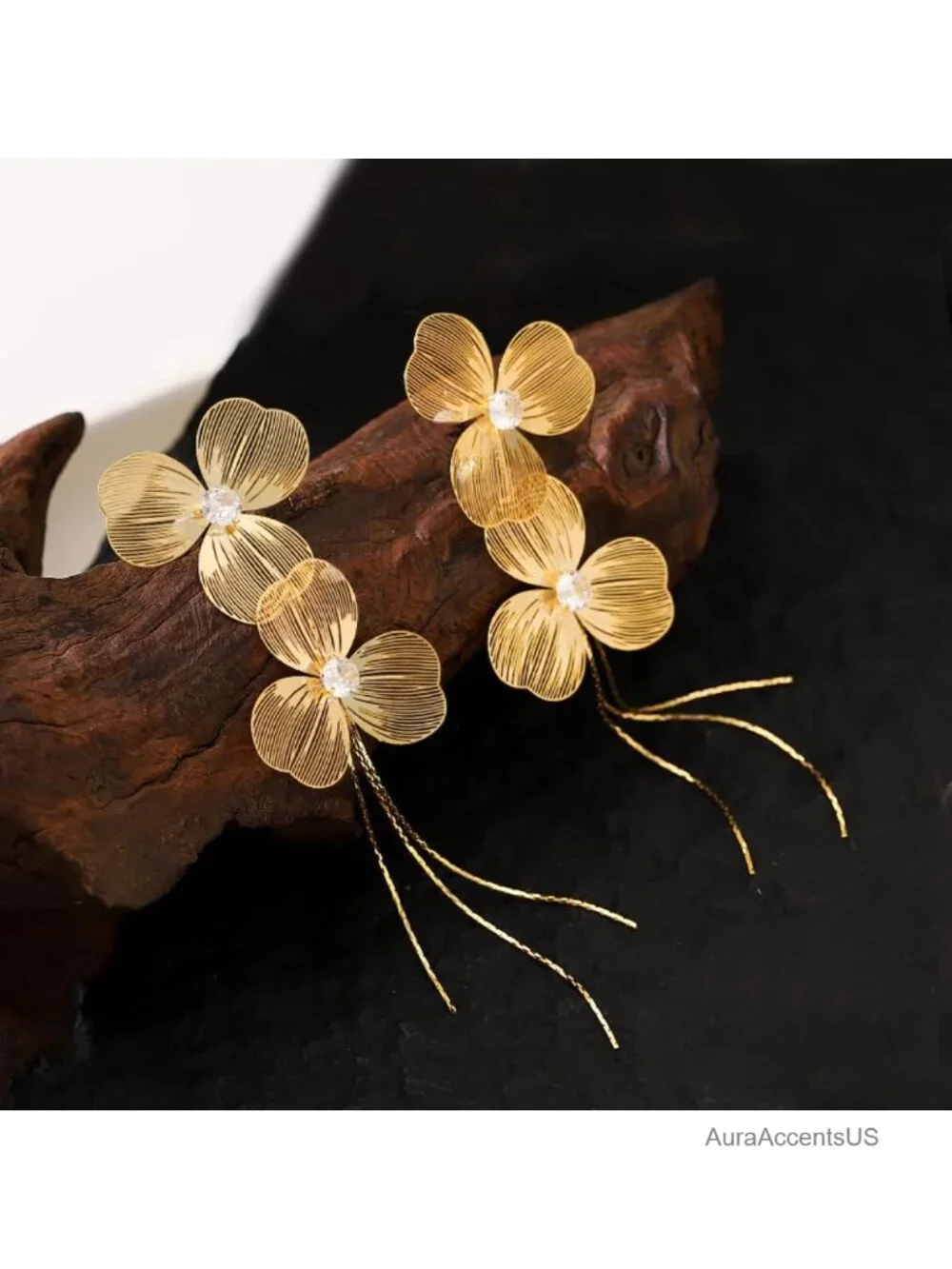 Double Flower Tassel Dangle Earrings Long Cascading Metal Statement Jewelry